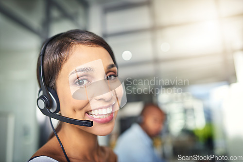 Image of Call center, customer service and happy portrait of woman for consulting, help and advice. Telemarketing, communication and female consultant smile for contact, crm support and networking in office