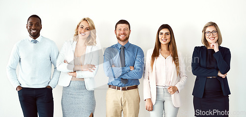 Image of Portrait, law group and business people with arms crossed by white wall background in office workplace. Face, confident smile and lawyers standing together with teamwork, diversity and collaboration.