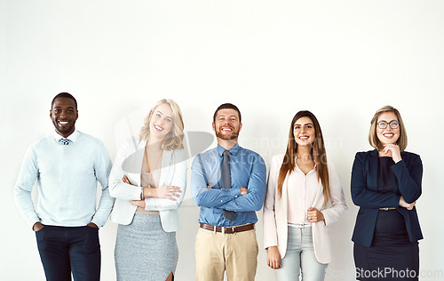 Image of Law portrait, smile and teamwork of business people by white wall background mockup in workplace. Face, confident group and lawyers standing together with arms crossed, diversity and collaboration.