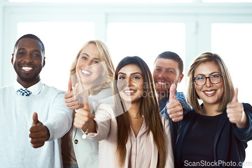 Image of Happy, portrait and group of business people with thumbs up in office workplace. Face, hand gesture and employee teamwork with like emoji for success, ok or agreement, approval and thank you sign.