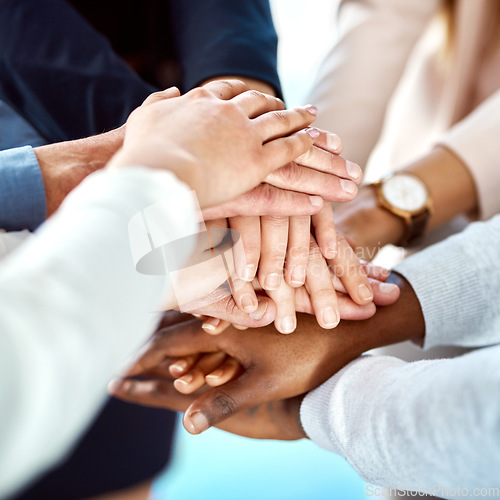 Image of Team building, support or hands of business people in stack for, partnership, support or community mission. Trust, motivation or closeup of corporate group of workers with goals or target in meeting