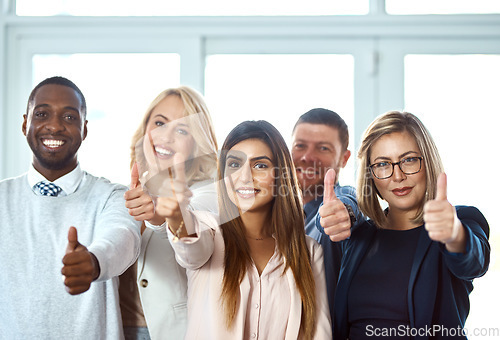 Image of Portrait, smile and group of business people with thumbs up in office workplace. Face, hand gesture and employee teamwork with like emoji for success, ok or agreement, approval and thank you sign.