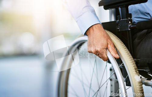 Image of Wheelchair, disability and man hand holding wheel in a hospital for healthcare. Disabled, mobility problem and male person in a clinic for support and medical care with hands of patient and mockup