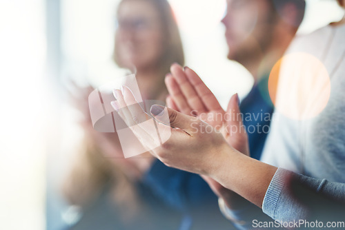 Image of Applause, success and seminar with hands of business people for support, teamwork and celebration. Wow, winner and target with closeup of audience clapping for goal, motivation and agreement