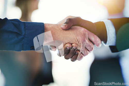 Image of Business people, closeup hand shake and agreement in office with congratulations, support or welcome for hiring. Team building, hands and connect for synergy, teamwork or partnership in collaboration