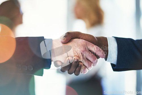 Image of Business people, closeup and shaking hands in agreement with human resources, b2b deal or welcome for hiring. Team building, handshake and connect for synergy, trust and partnership in collaboration