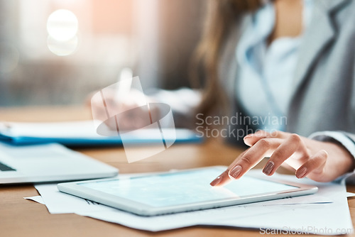 Image of Business woman, tablet and screen with documents, legal paperwork and writing or research at night. Typing, scroll and professional person or lawyer hands on digital tech, policy checklist or report
