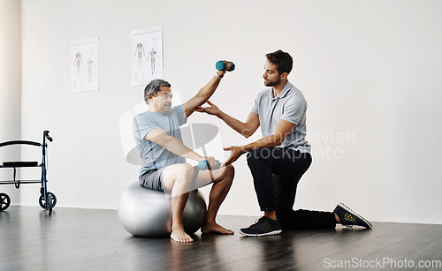 Image of Dumbbells, physiotherapy and rehabilitation with doctor and patient for help, training and stretching. Healthcare, wellness and healing with old man and expert for consulting, muscle and exercise