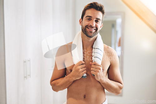 Image of Portrait of happy man with towel in bathroom for fresh hygiene, morning routine and healthy skincare. Strong, clean and shirtless guy in home for male beauty, body shower and grooming for confidence