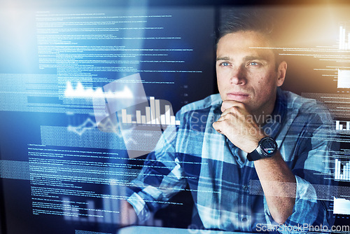 Image of Programmer, hologram and man with focus, cyber security and data analysis with coding, website information or futuristic. Male person, employee or coder with concentration, holographic or programming