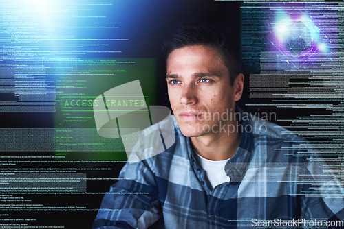 Image of Hacker, hologram and man with focus, database and digital software with cyber security, coding and research. Male person, programmer or coder with data analysis, holographic and connection for server