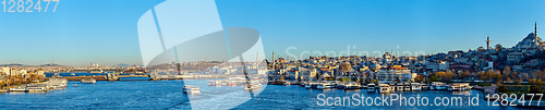 Image of Istanbul, Turkey - 1 April, 2017: Panorama of Cityscape of Golden horn with ancient and modern buildings