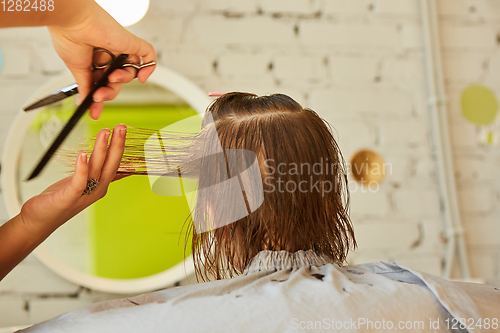 Image of Hairdresser making a hair style to cute little girl.