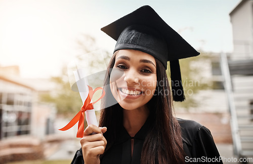 Image of Portrait, university and Latino woman with certificate, graduation and scholarship with education, knowledge and degree. Face, happy female person and student with happiness, college and celebration