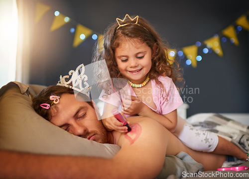Image of Dad, sleeping and girl drawing for fun, game and April Fools joke on body and paint with pink makeup. Father, sleep in kids bedroom and funny child, bed time and painting lipstick on man