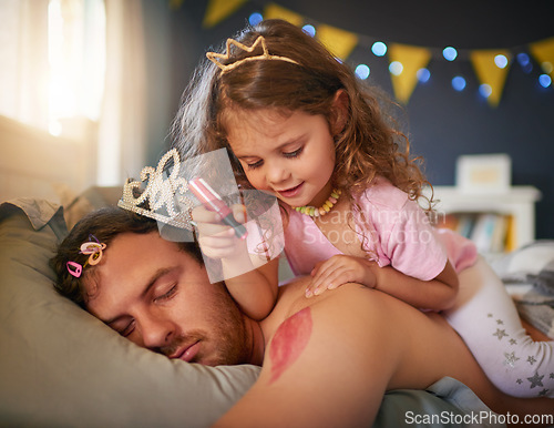 Image of Sleeping, dad and girl drawing for fun, game and April Fools joke on face, body and paint with pink makeup. Father, sleep in kids bedroom and funny child, bed time and painting lipstick on man