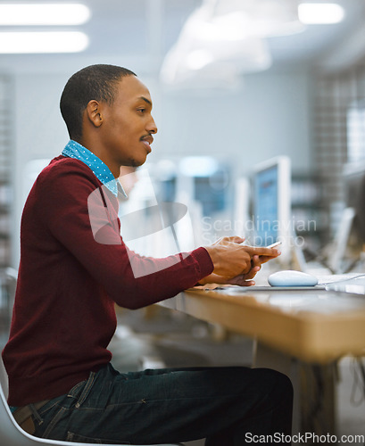 Image of Education, university and student working in computer lab or studying on desktop or doing exams on the internet and in college. Research, learning and scholar or academic focus and online course