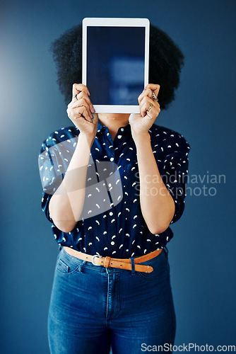 Image of Woman, tablet and mockup screen with space for website, internet and network promotion. Technology, display and digital advertising in hands of a female model for logo, brand or ux on blue background