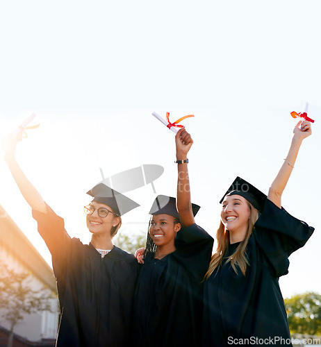 Image of Students, graduation or diploma in hands of college or university friends together on sky mockup. Happy women outdoor to celebrate education achievement, success and future diversity at school event