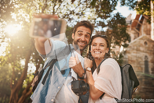 Image of Couple, tourist and selfie outdoor travel in a city with holiday memory and happiness. Happy man and woman together for adventure, social media or vacation photo and freedom with love and care