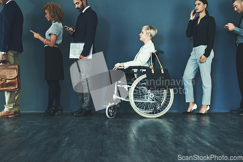 Image of Waiting, interview line and woman inclusion in wheelchair for business recruitment in office. Diversity, technology and employee people with disability in waiting room queue for hiring inn workplace