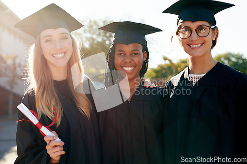 Image of Friends, students and graduation portrait of college or university friends together with a smile. Diversity women outdoor to celebrate education achievement, success and future at event for graduates