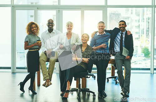Image of Teamwork, diversity and portrait of business people in office for support, community and happy. Smile, collaboration and solidarity with group of employees for mission, commitment and mindset