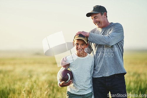 Image of Father, kid portrait and rugby play in countryside field for bonding and fun in nature. Mockup, dad and young child together with happiness and smile ready for sports and kids game outdoor on farm