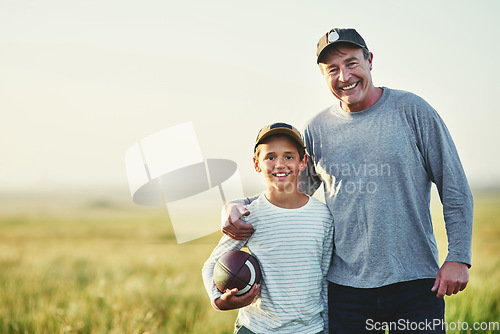 Image of Father, kid portrait and rugby ball in countryside field for bonding and fun in nature. Mockup, dad and young child together with happiness and smile ready for sporty active game outdoor on farm