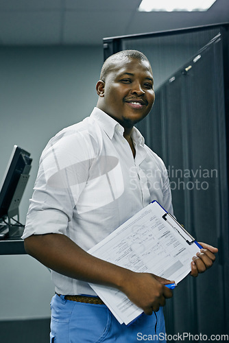 Image of Server room, happy black man or portrait of technician with online cyber security glitch in data center. IT support, smile or friendly African engineer fixing network with documents on clipboard