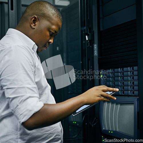 Image of Server room, black man or technician with tablet for online cyber security glitch or software error. IT support, digital solution or African engineer fixing online network for information technology