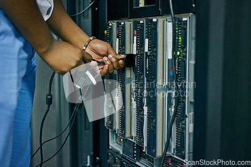 Image of Server room, cables or hands of technician with hardware for online cybersecurity glitch or software solution. Closeup, man or hand of engineer fixing network for information technology or IT support