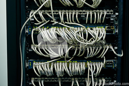 Image of Server room, empty or cables for internet connection, cloud computing network or cyber security hardware. Wires background, information technology support or cord on machine equipment in data center