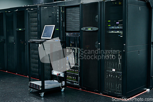 Image of Server room, empty or laptop for internet connection, cloud computing network or cyber security hardware. IT support background, information technology or cord on machine equipment in a data center