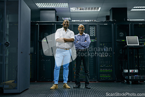 Image of Happy, men or portrait of engineers in server room for online cyber security glitch or hardware. IT support team, black man or friendly African technicians fixing network for information technology