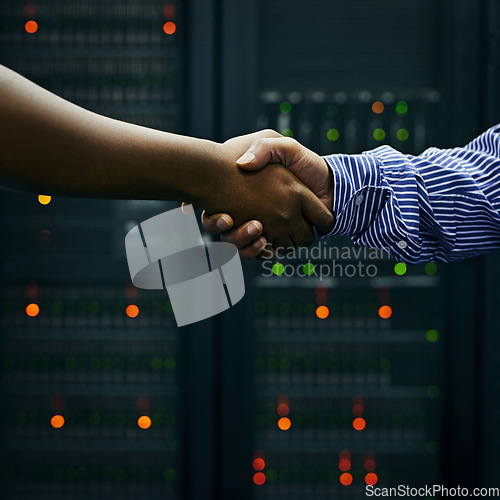 Image of Handshake, partnership or people in server room of data center worker for network help with IT support. B2b deal agreement, teamwork closeup or successful men shaking hands together in collaboration