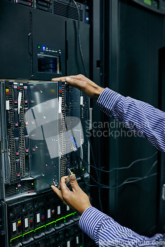 Image of Server room, hardware or hands of technician fixing online cybersecurity glitch, machine or servers system. IT support, data center or closeup of engineer fixing network for information technology