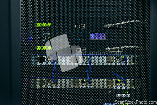 Image of Server room, empty or cables in hardware for internet connection, computing network or cyber security. Wires background, information technology support or cords on machine equipment in data center