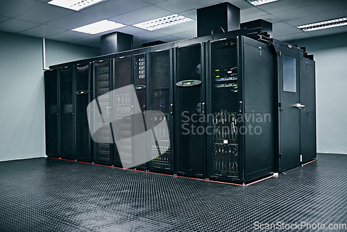 Image of Server room, empty or hardware electronics for internet connection, admin servers or cyber security system. IT support background, information technology electronics or modern machine in data center