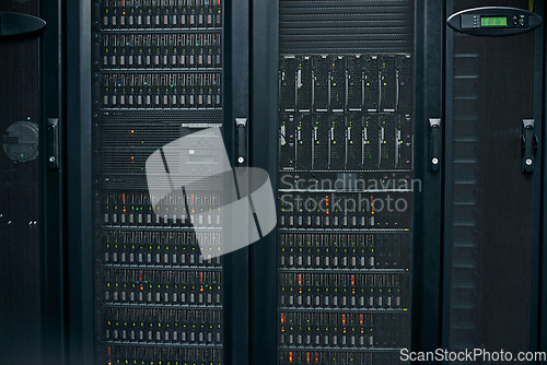 Image of Server room, empty or hardware machine for networking connection, admin servers or cyber security system. IT support background, information technology electronics or machine equipment in data center