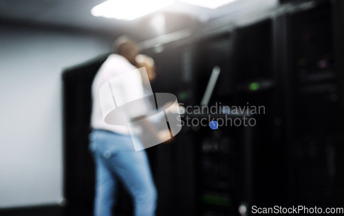 Image of Server room, people or technicians blur on computer together for a cybersecurity glitch with teamwork. Blurry IT support code, collaboration or engineers fixing network for information technology