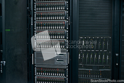 Image of Server room, empty or hardware equipment for networking connection, admin servers or cyber security system. IT support background, information technology electronics or modern machine in data center