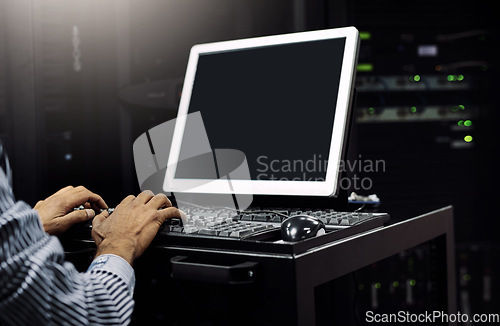 Image of Hands, person or coding on computer in server room for big data, tech glitch or digital website at night. Support, hacker or technician typing testing UX screen, programming or software development