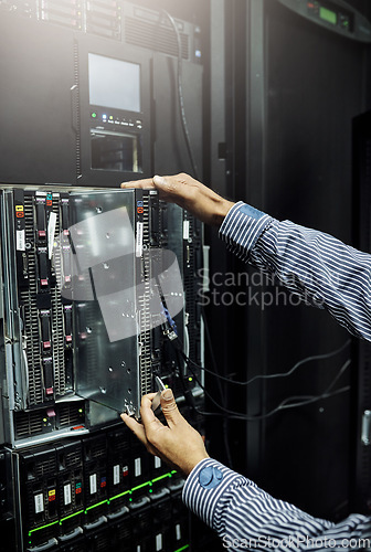 Image of Control room, hardware or hands of technician fixing online cybersecurity glitch, machine or servers system. IT support, data center or closeup of engineer with inspection for information technology