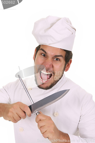 Image of Mad chef sharpening a knife 