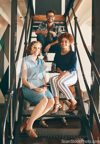 Image of Smile, startup or portrait of happy people on steps after meeting for team building together in company. Women, proud man or employees smiling with leadership, confidence or group support in business