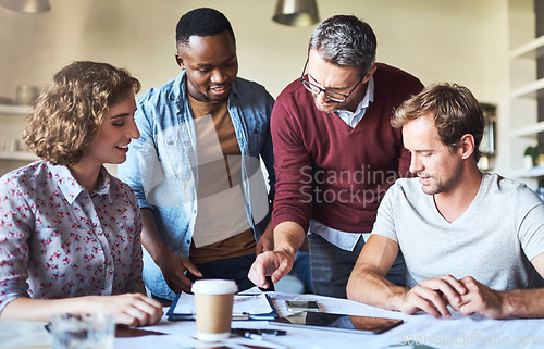 Image of Business people, web design and team for planning, talk or chart with leader, focus or strategy. Men, woman and paperwork for seo, collaboration or discussion with diversity, creativity and teamwork