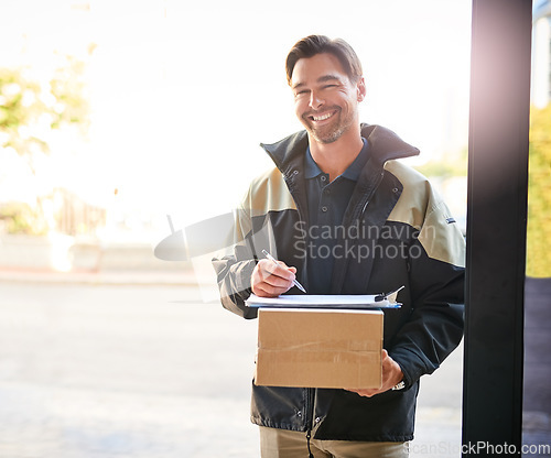 Image of Delivery man, box and portrait with a package and pen for signature on paper at front door. Logistics worker with courier company parcel in cardboard for e commerce shipping or mail distribution