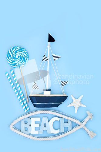 Image of Summer Beach Symbols with Toy Sailing Boat 