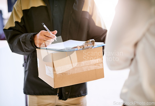 Image of Customer, box and hands of delivery man with a package and pen for signature on paper at front door. Logistics worker with a courier company parcel for e commerce shipping or mail distribution